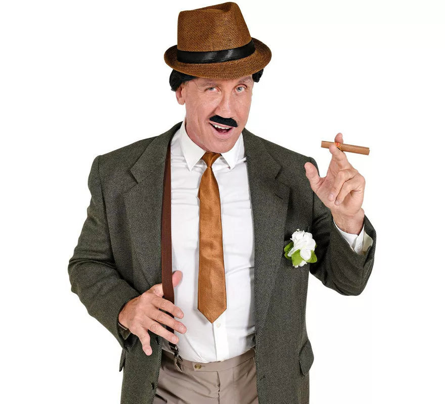 Translation missing: es.Kit de Gánster Marrón: Sombrero, Tirantes, Corbata, Bigote y Tabaco