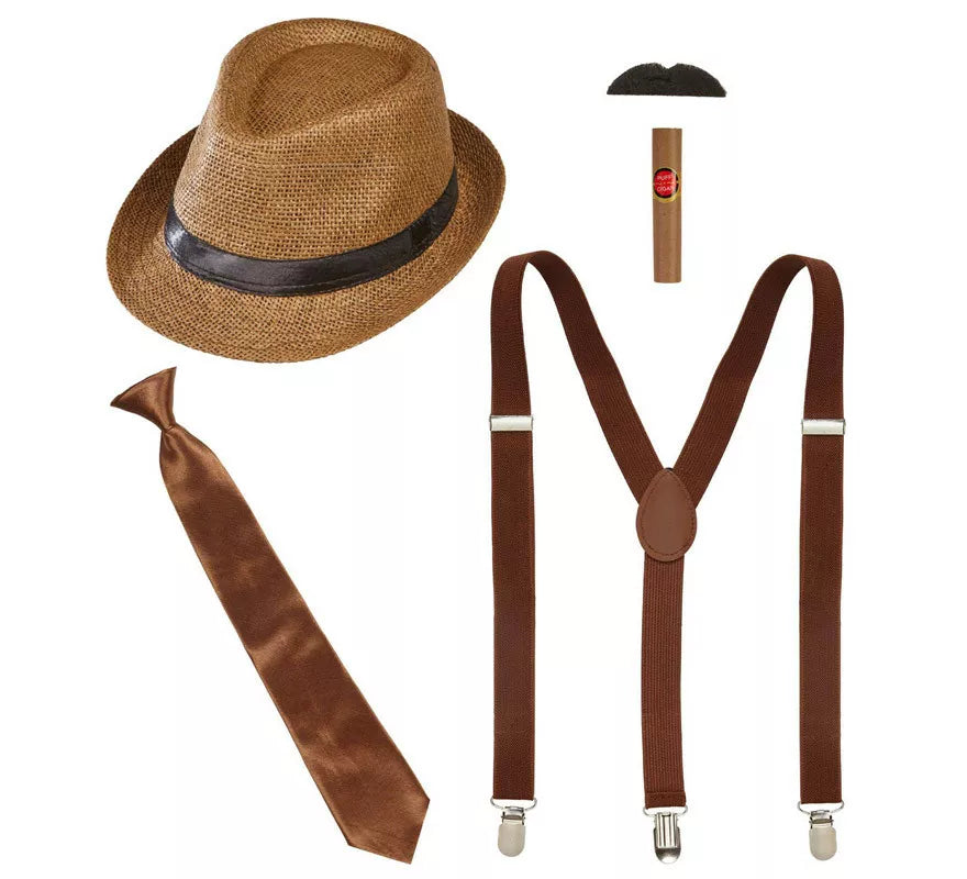 Translation missing: es.Kit de Gánster Marrón: Sombrero, Tirantes, Corbata, Bigote y Tabaco