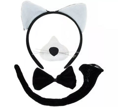 Kit de Gato blanco y negro: Diadema, Nariz, Pajarita y Cola