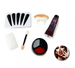 Kit de Maquillaje Vampiro: Uñas, dentadura, tubo de sangre, esponja, brocha y paleta