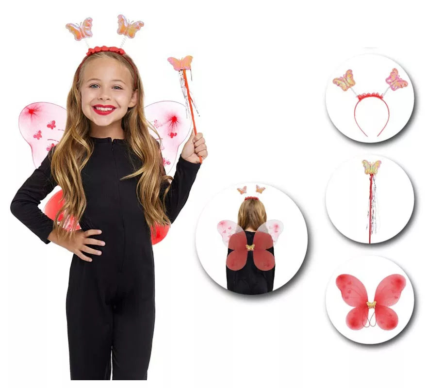 Kit de Mariposa infantil rojo: Diadema, Varita y Alas
