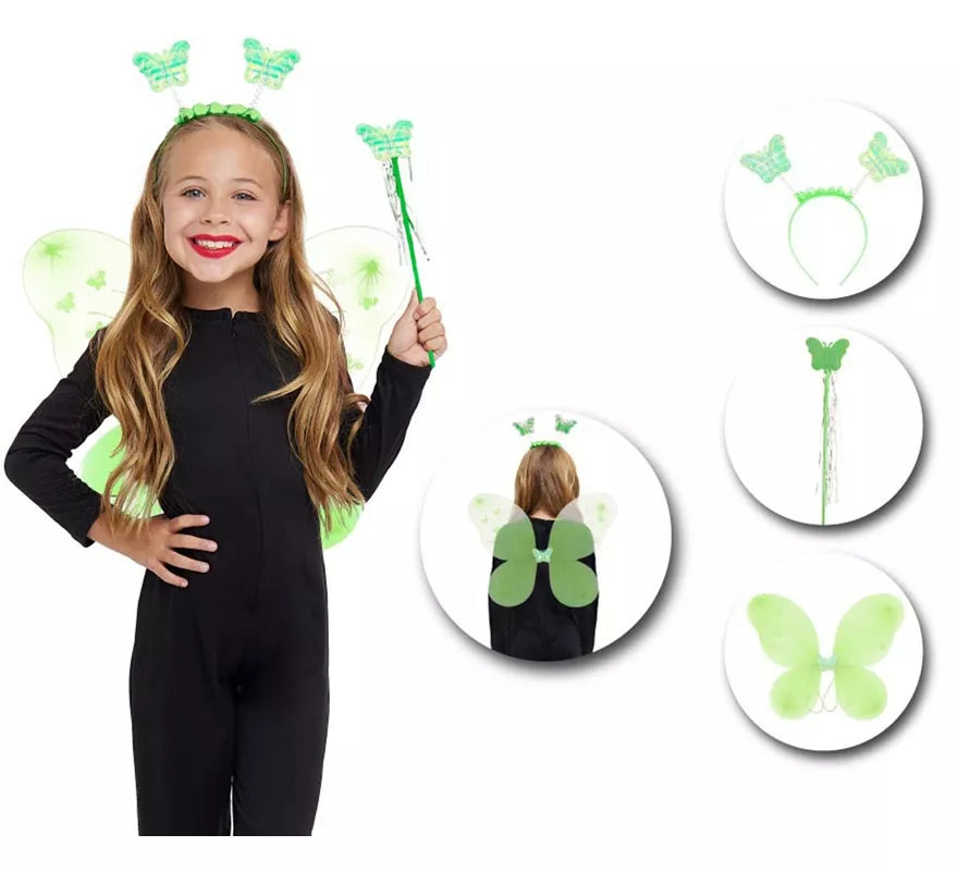 Kit de Mariposa infantil verde: Diadema, Varita y Alas