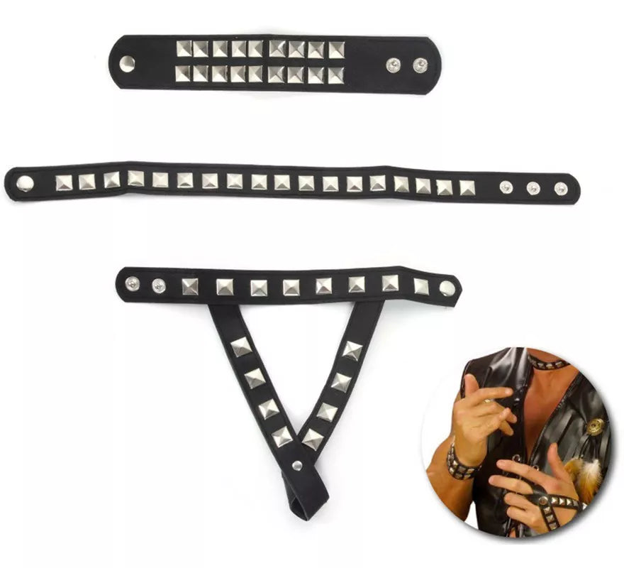 Kit de Motero con tachuelas: Collar, Pulsera y Pulsera anillo