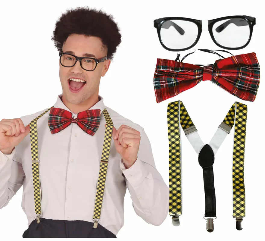 Translation missing: es.Kit de Nerd Colegial adulto: Gafas, pajarita y tirantes