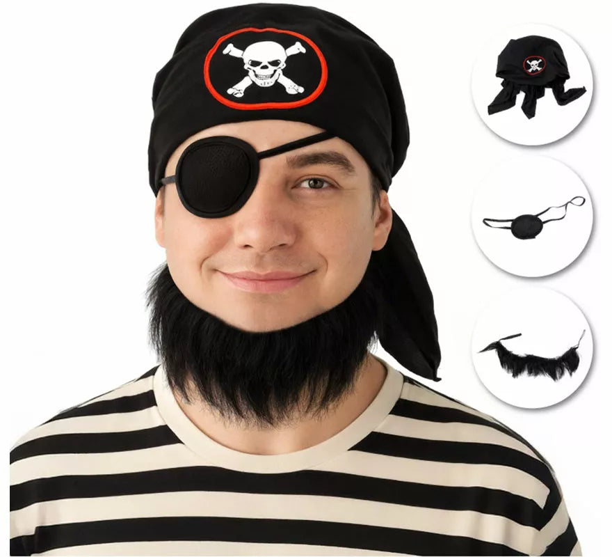Kit de Pirata: Pañuelo, Parche y Barba
