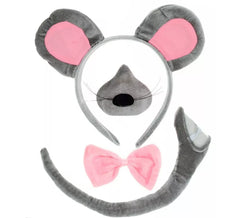 Kit de Ratón Gris: Diadema, Nariz, Pajarita y Cola