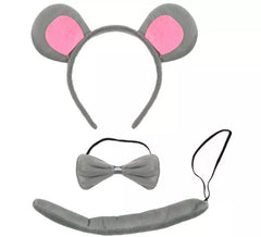 Kit de Ratón gris: Diadema, Pajarita y Cola