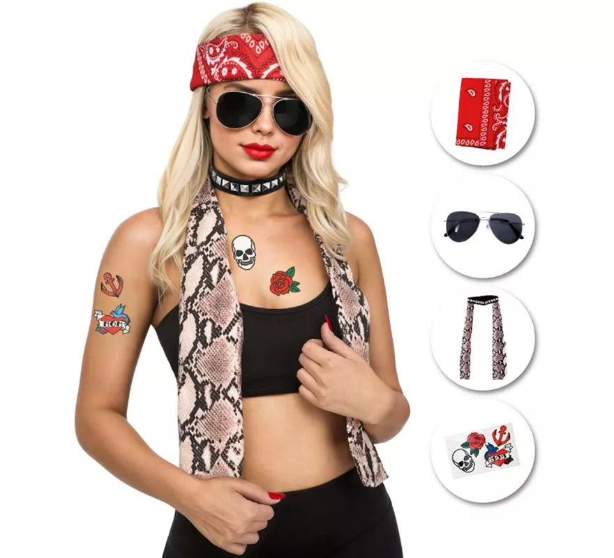 Translation missing: es.Kit de Rockero Años 80: Pañuelo, Gafas, Collar y Tatuajes