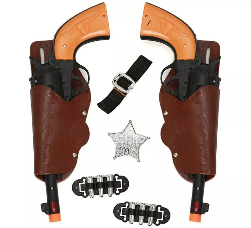Translation missing: es.Kit de Sheriff: 2 Pistolas negras, Cartucheras, Cinturón, Balas y Estrella