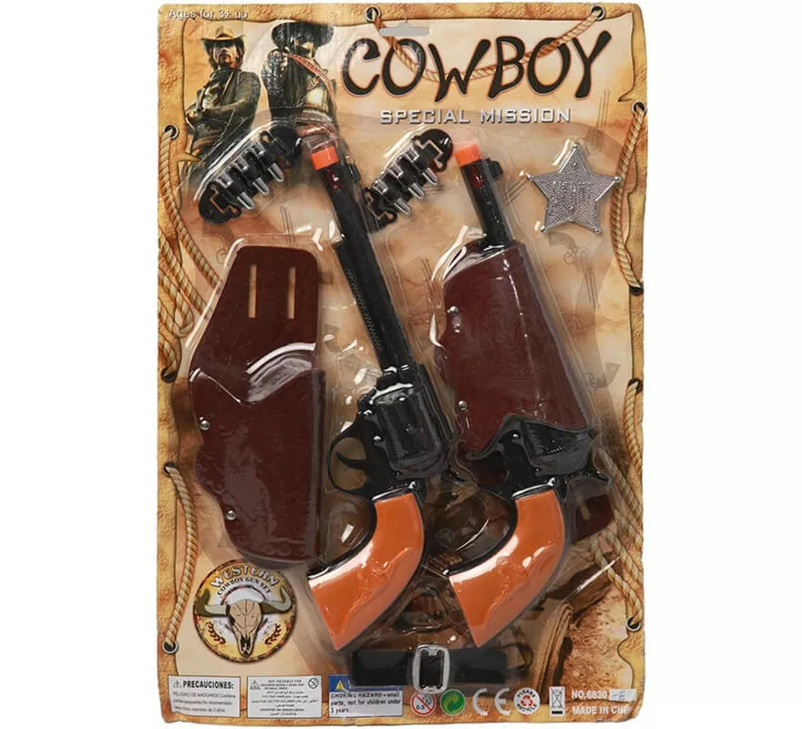 Translation missing: es.Kit de Sheriff: 2 Pistolas negras, Cartucheras, Cinturón, Balas y Estrella