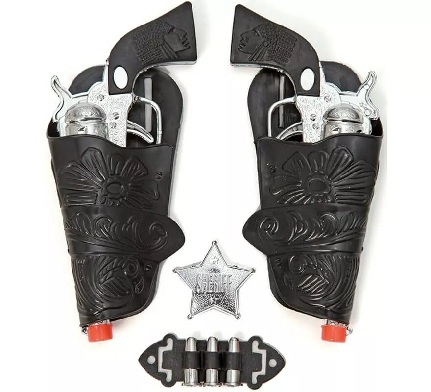 Translation missing: es.Kit de Sheriff: 2 Pistolas plateadas, Cartucheras, Balas y Estrella