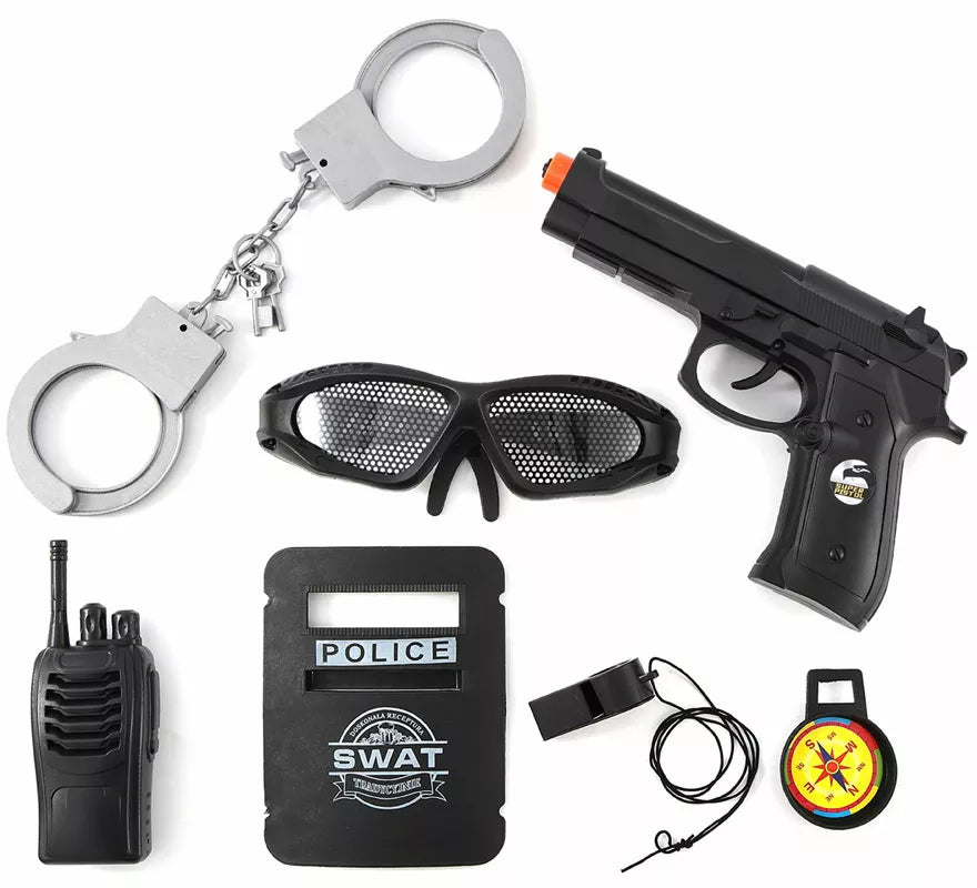 Translation missing: es.Kit de SWAT: Esposas, Placa, Silbato, Walkie, Gafas, Brújula y Pistola de plástico