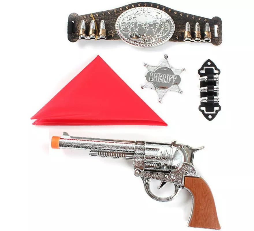 Translation missing: es.Kit de Vaquero: Pistola de juguete, Pañuelo, Estrella, Balas y Cinturón