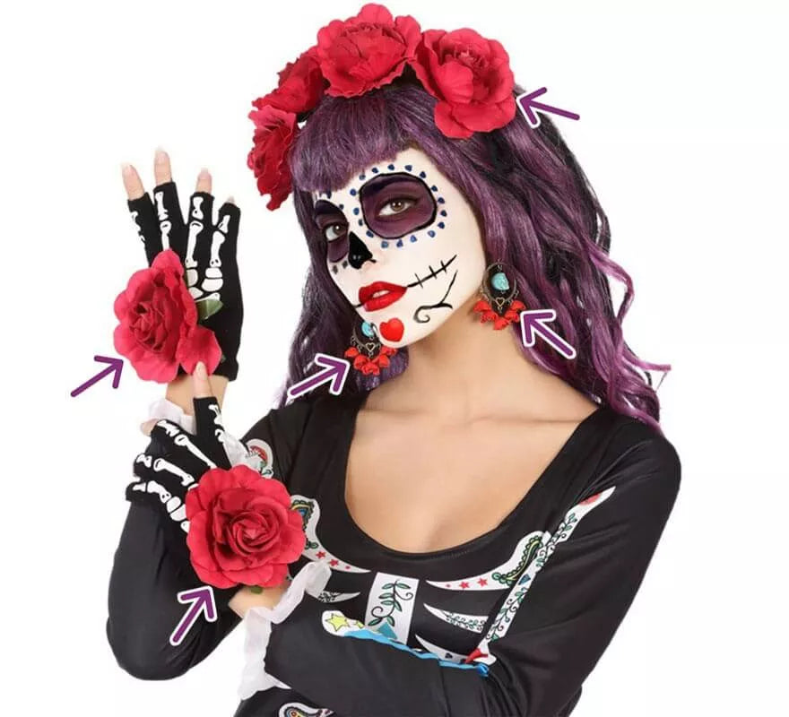 Kit del Día de los muertos: Guantes, Pendientes y Diadema