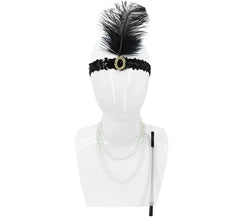 Kit Flapper Años 20: Cinta con Pluma, Collar y Boquilla Cigarrillo