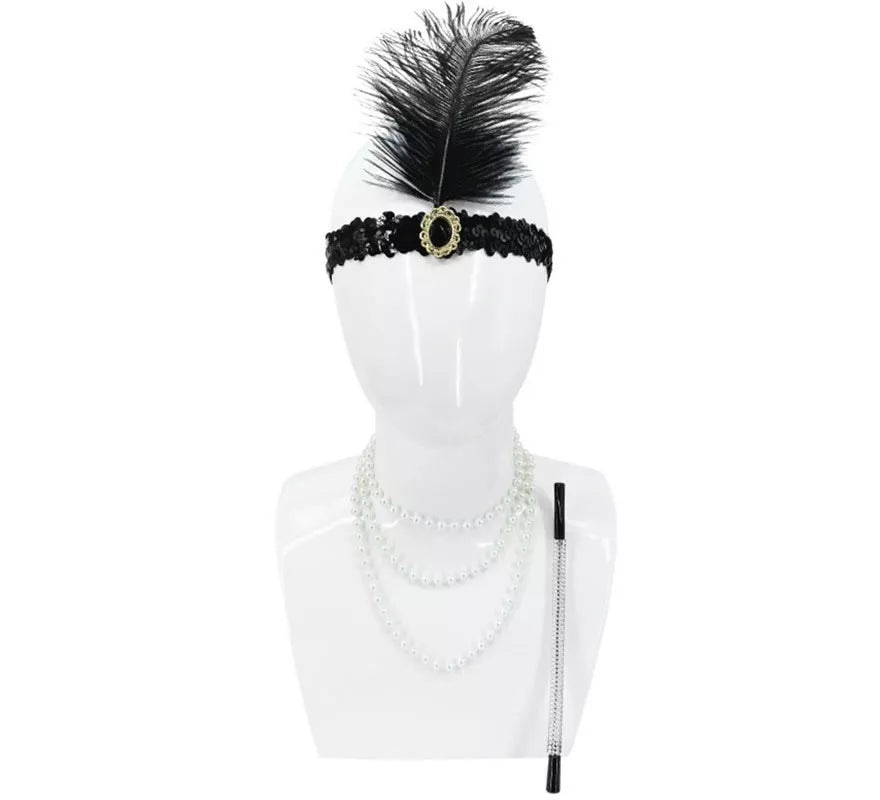 Translation missing: es.Kit Flapper Años 20: Cinta con Pluma, Collar y Boquilla Cigarrillo