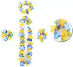 Kit Hawái Amarillo y Azul: Collar, Pulseras y Tocado
