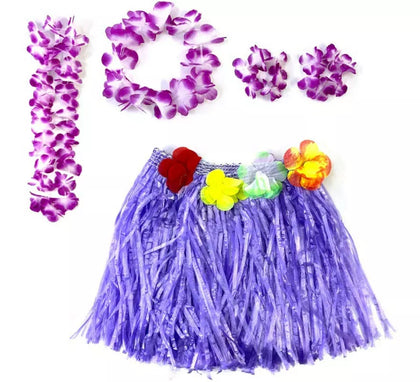 Kit Hawái Lila: Falda, Collar, Pulseras y Tocado