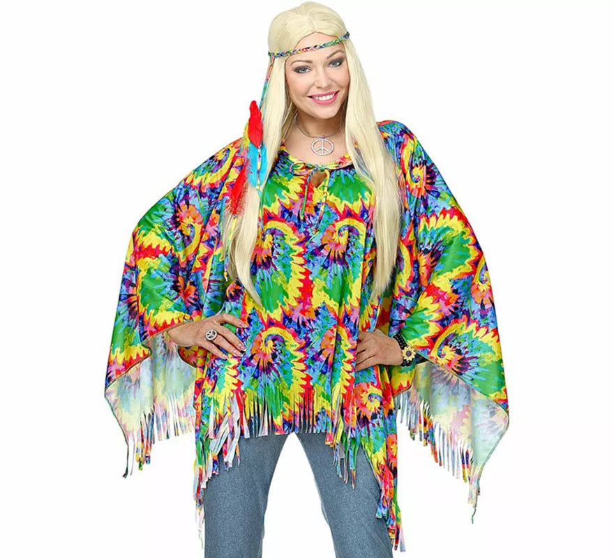 Kit o Disfraz de Hippie Psicodélico: Poncho y Diadema