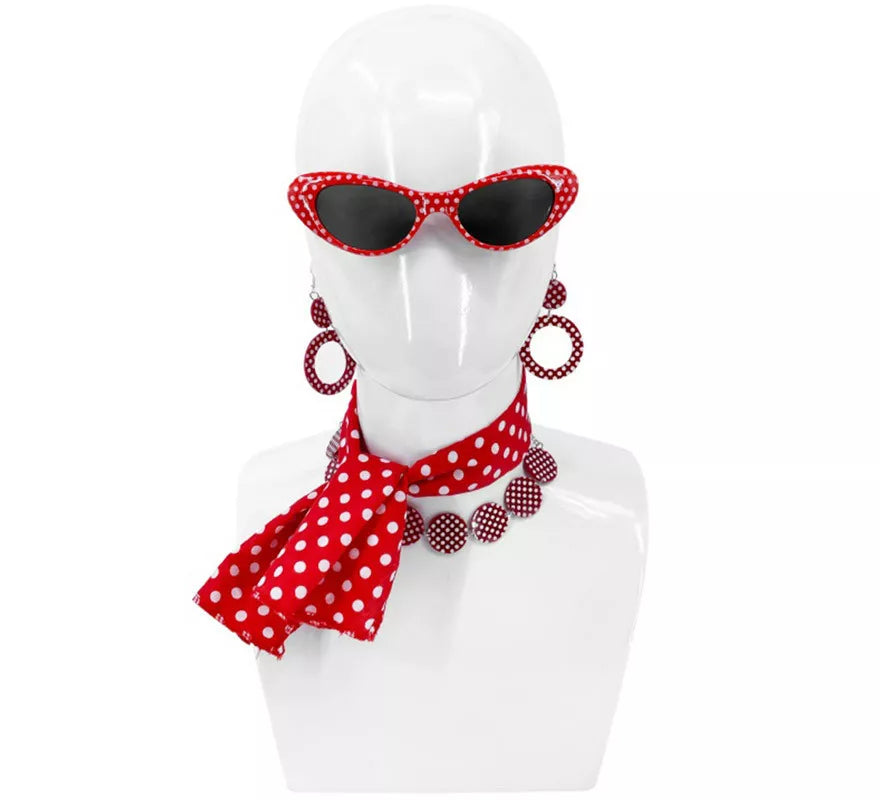 Translation missing: es.Kit Pin Up Años 50 Rojo: Gafas, Pendientes y Pañuelo