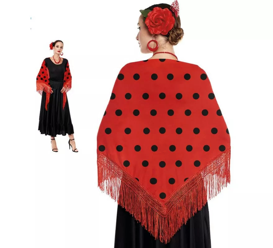 Translation missing: es.Mantón de Sevillana o Chulapa Rojo con Lunares negros de 150x60 cm