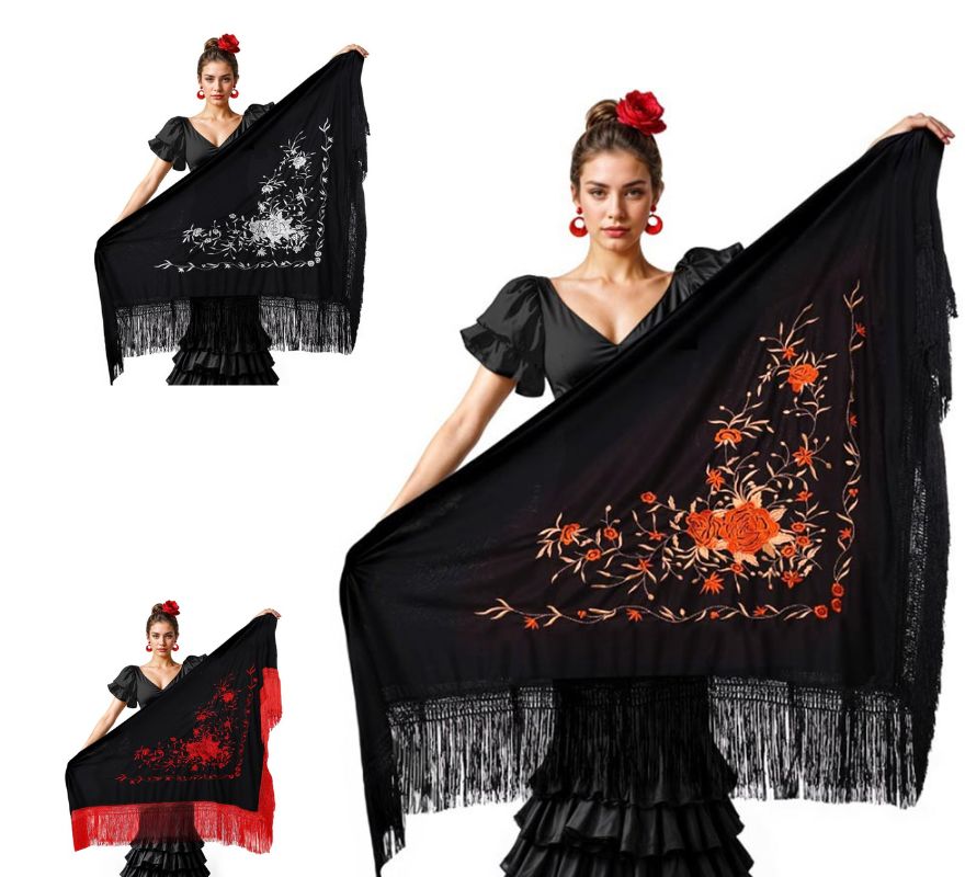 Translation missing: es.Mantón negro bordado de 200x95 cm en varios colores