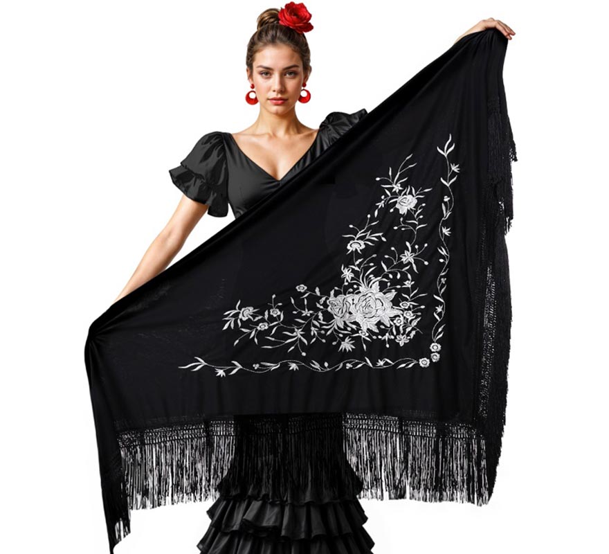 Translation missing: es.Mantón negro bordado de 200x95 cm en varios colores