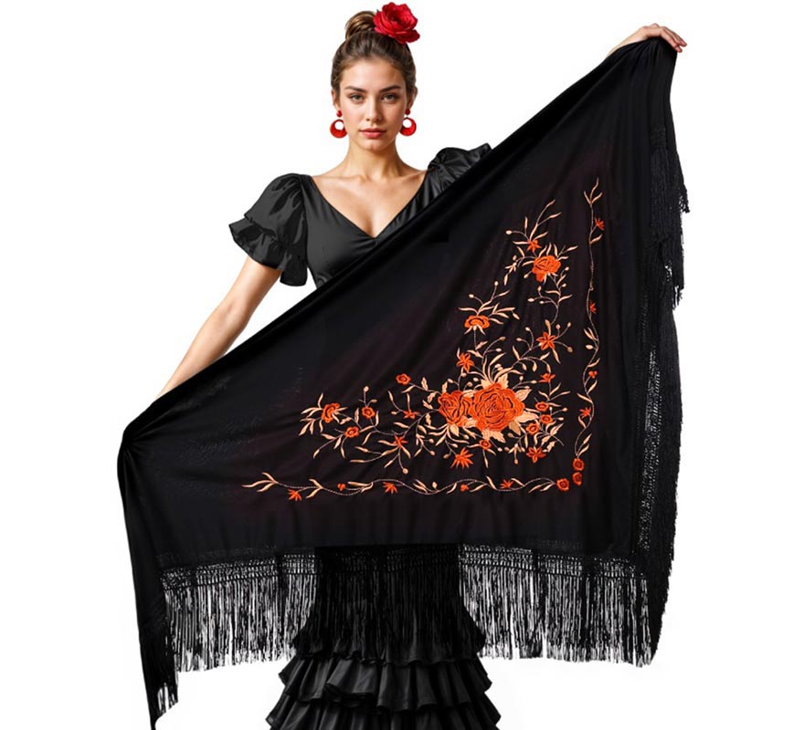 Translation missing: es.Mantón negro bordado de 200x95 cm en varios colores