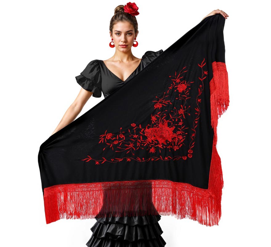 Translation missing: es.Mantón negro bordado de 200x95 cm en varios colores