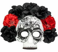 Máscara Calavera Día de Los Muertos con Rosas negras y rojas