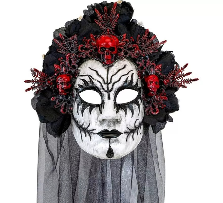 Máscara de Reina de La Muerte con Rosas negras y Velo