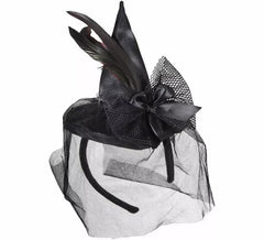 Mini Sombrero de Bruja con Plumas y Velo
