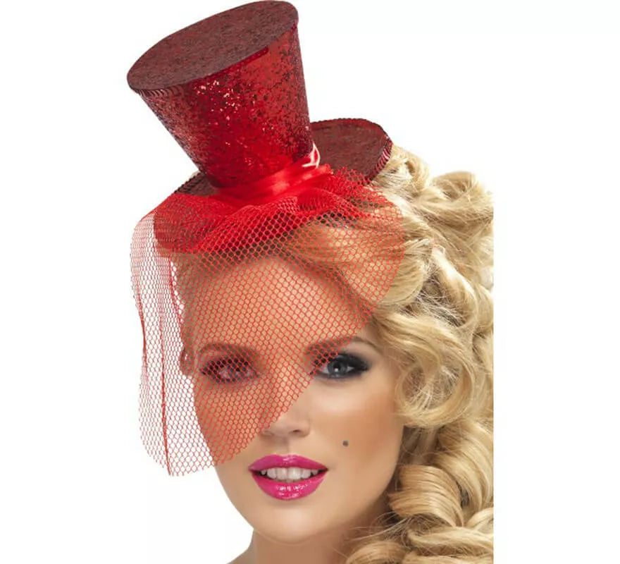 Translation missing: es.Mini Sombrero de Copa Burlesque Rojo con Velo para Mujer