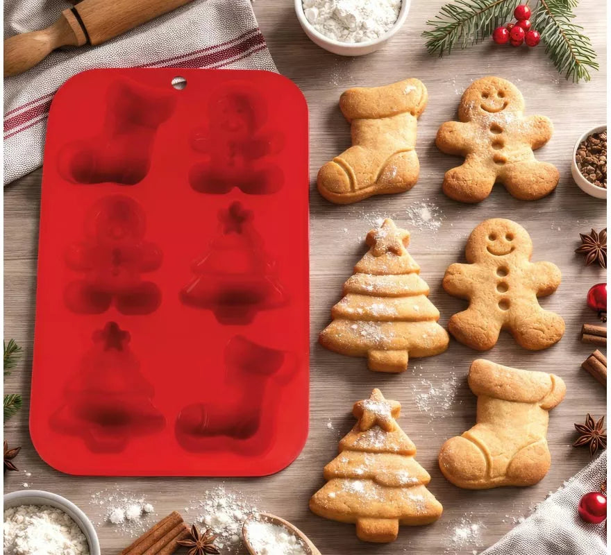 Molde de Silicona rojo para 6 Galletas Navideñas de 16x25 cm