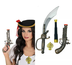 Pack Armas Pirata: Espada, Pistola, Catalejo y Medalla de Plástico