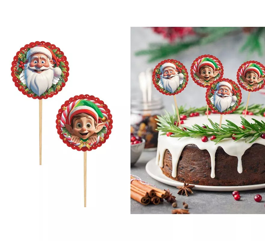 Pack de 12 Palillos Decorativos de Papá Noel y Elfo de 6 cm