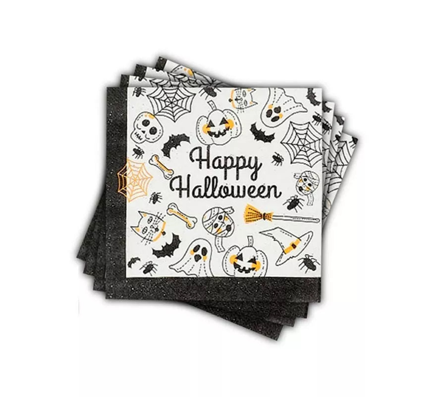 Translation missing: es.Pack de 12 Servilletas Happy Halloween Print blanco y negro de 33x33 cm