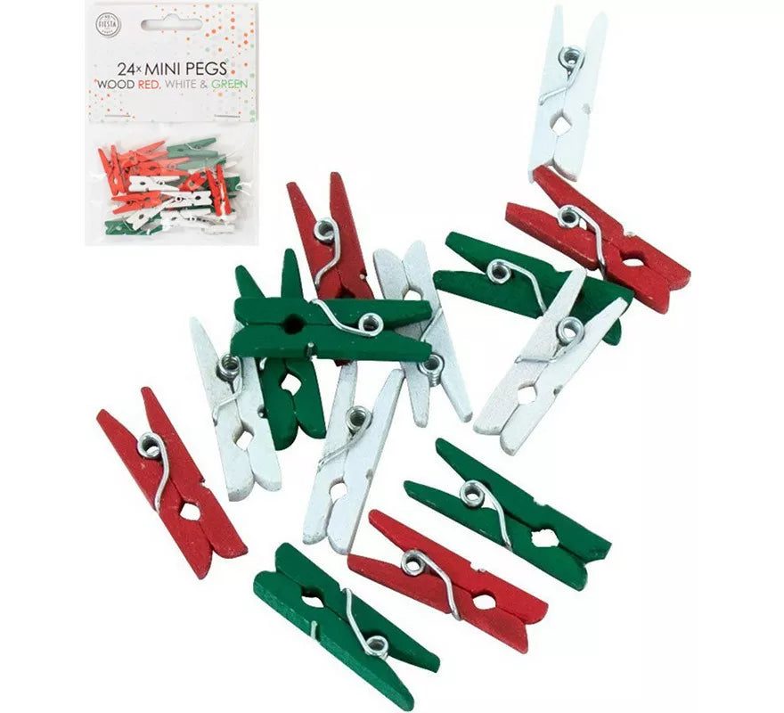 Translation missing: es.Pack de 24 Mini pinzas en Rojo, Blanco y Verde de madera