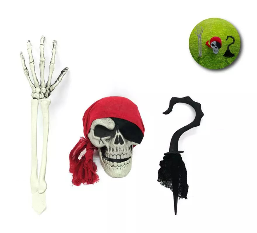 Translation missing: es.Pack de 3 piezas decorativas: Calavera, brazo esqueleto y garfio de 40 cm