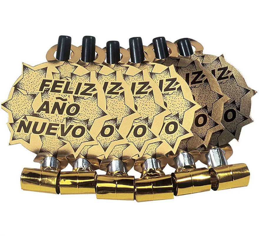 Translation missing: es.Pack de 6 Matasuegras Doradas 'Feliz Año Nuevo' para Nochevieja