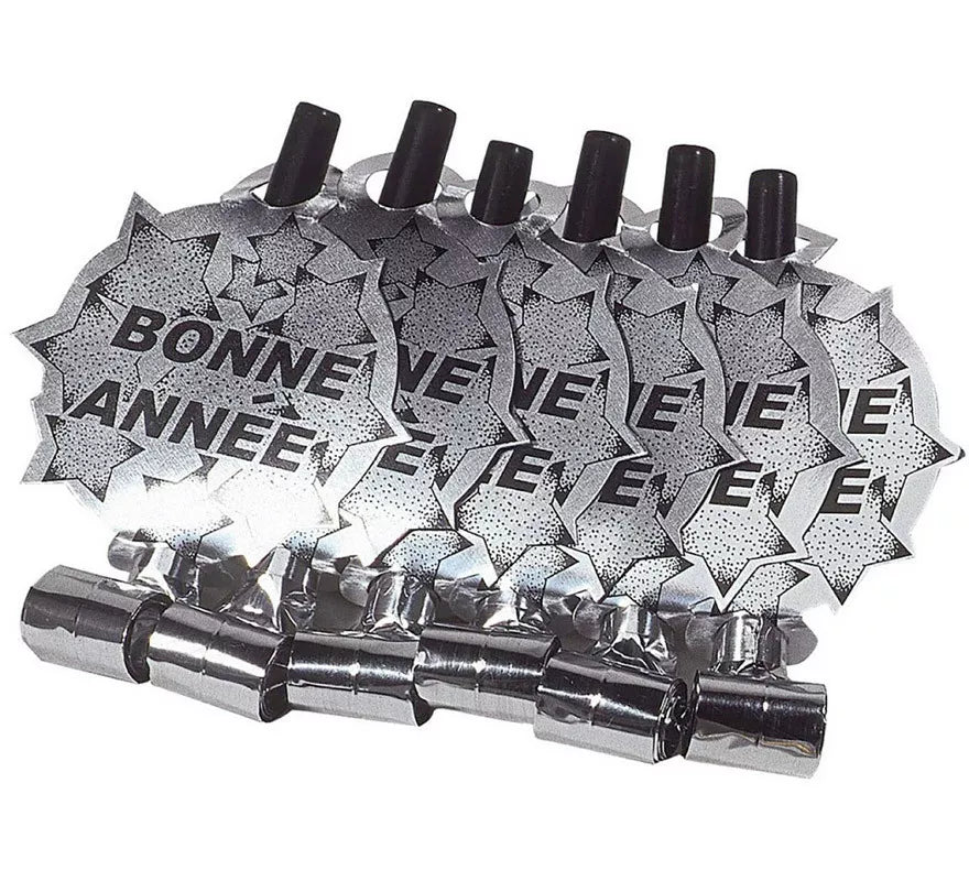 Translation missing: es.Pack de 6 Matasuegras Plateadas 'Bonne Année' para Nochevieja
