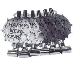 Pack de 6 Matasuegras Plateadas 'Happy New Year' para Nochevieja