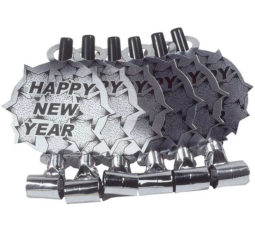 Translation missing: es.Pack de 6 Matasuegras Plateadas 'Happy New Year' para Nochevieja