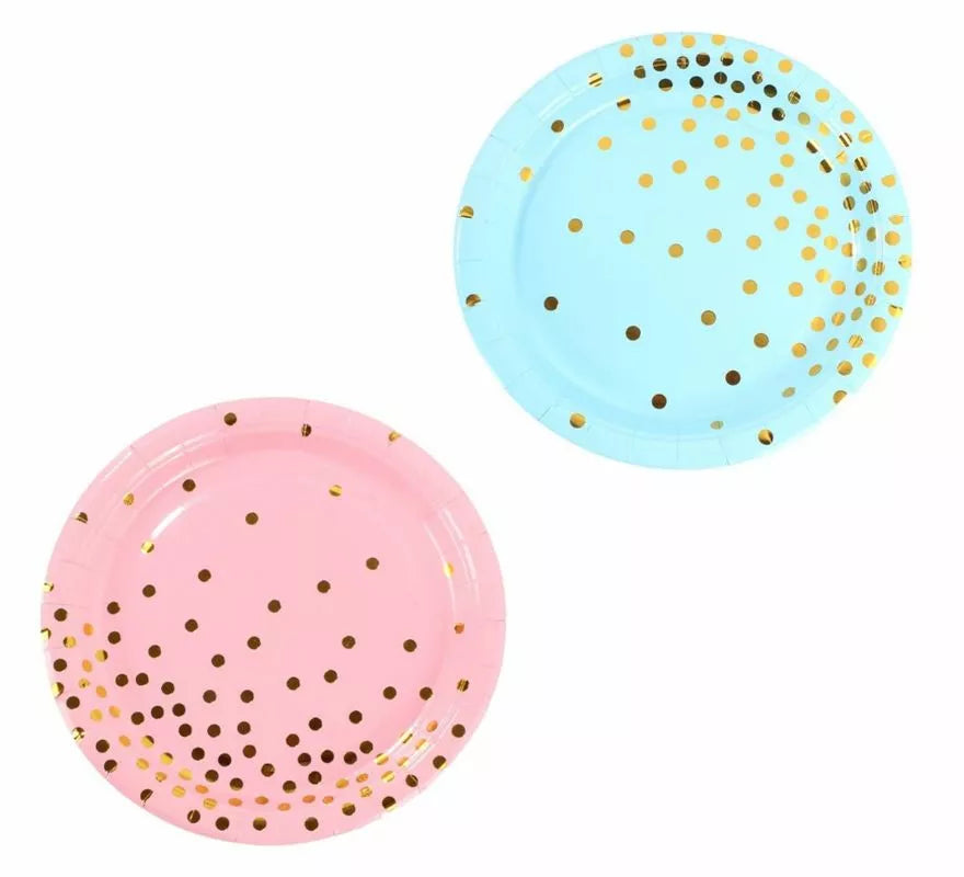 Pack de 6 Platos de cartón con lunares dorados de 18 cm en varios colores.