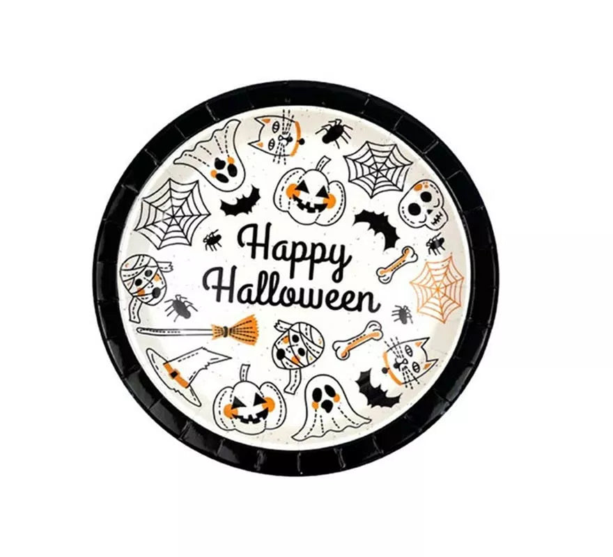 Translation missing: es.Pack de 6 Platos Happy Halloween Print blanco y negro de 18 cm