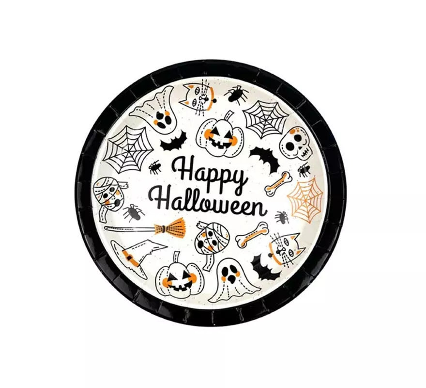 Translation missing: es.Pack de 6 Platos Happy Halloween Print blanco y negro de 23 cm