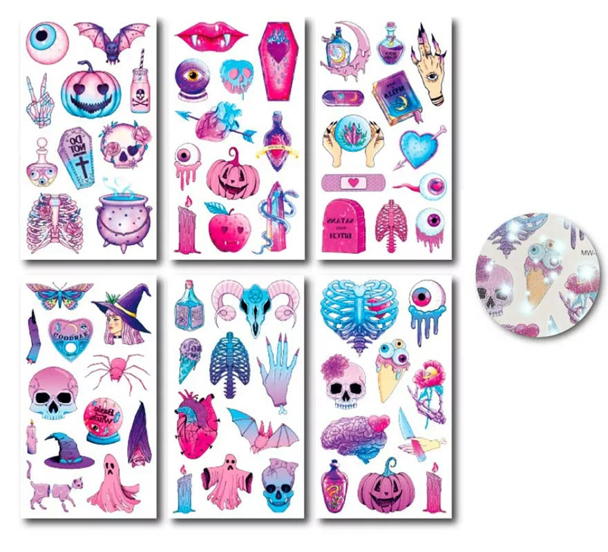 Translation missing: es.Pack de 6 Tatuajes Halloween rosa glitter en modelos surtidos de 6,8 cm