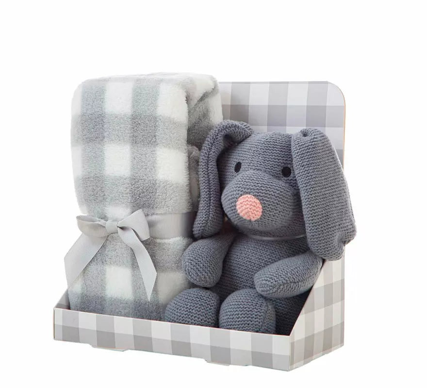 Pack Manta de 90x75 cm y Perro de Peluche gris de 26 cm