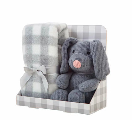 Pack Manta de 90x75 cm y Perro de Peluche gris de 26 cm