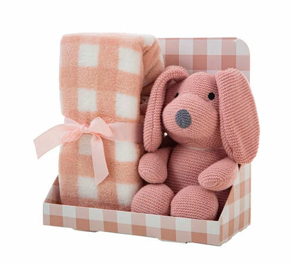 Pack Manta de 90x75 cm y Perro de Peluche rosa de 26 cm